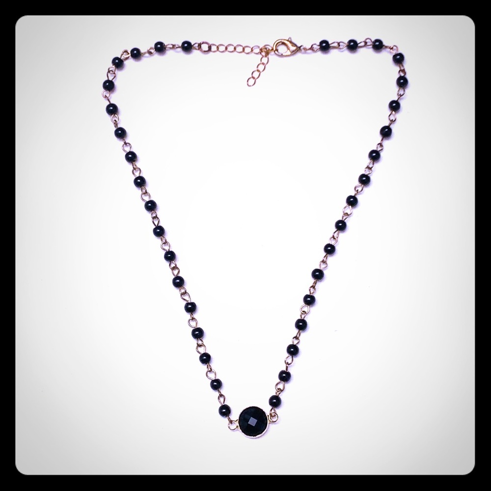 Black beads and gold tone 14” choker necklace